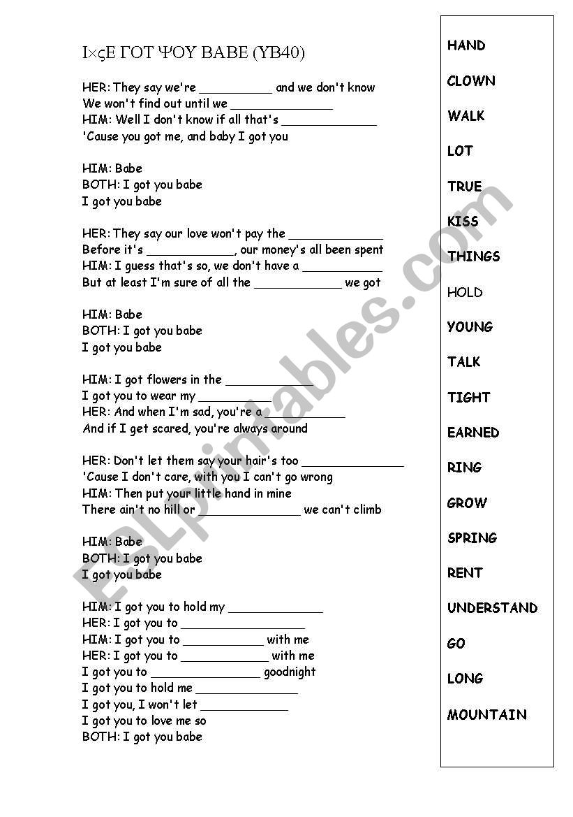 English worksheets listening to a song "I`ve got you babe"